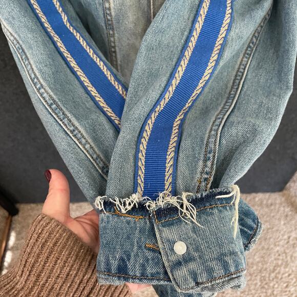 Pink Dolphin Women’s Denim Jacket XL Light Wash Distressed Frayed Hem Streetwear - Picture 4 of 15